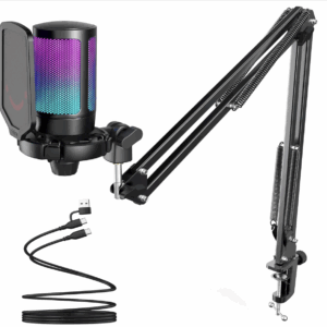 FIFINE Gaming PC USB Microphone, Podcast Condenser Mic with Boom Arm, Pop Filter, Mute Button for Streaming, Twitch, Online Chat, RGB Computer Mic for PC Gamer Youtuber-AmpliGame A6T